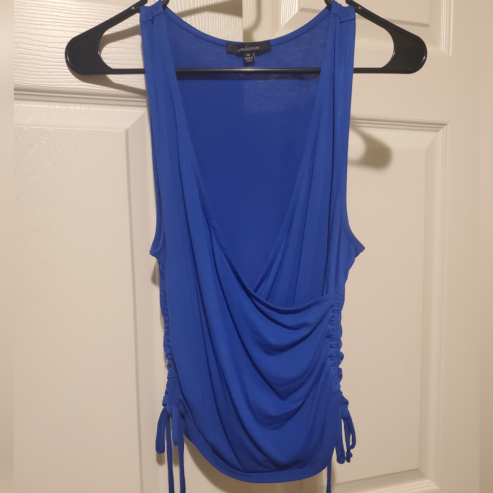 Blue plung Vneck top with adjustable side.